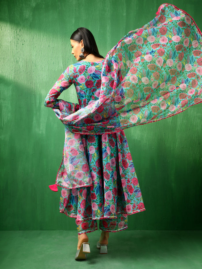 Turquoise Floral Printed Georgette Anarkali Set With Tiered Dupatta