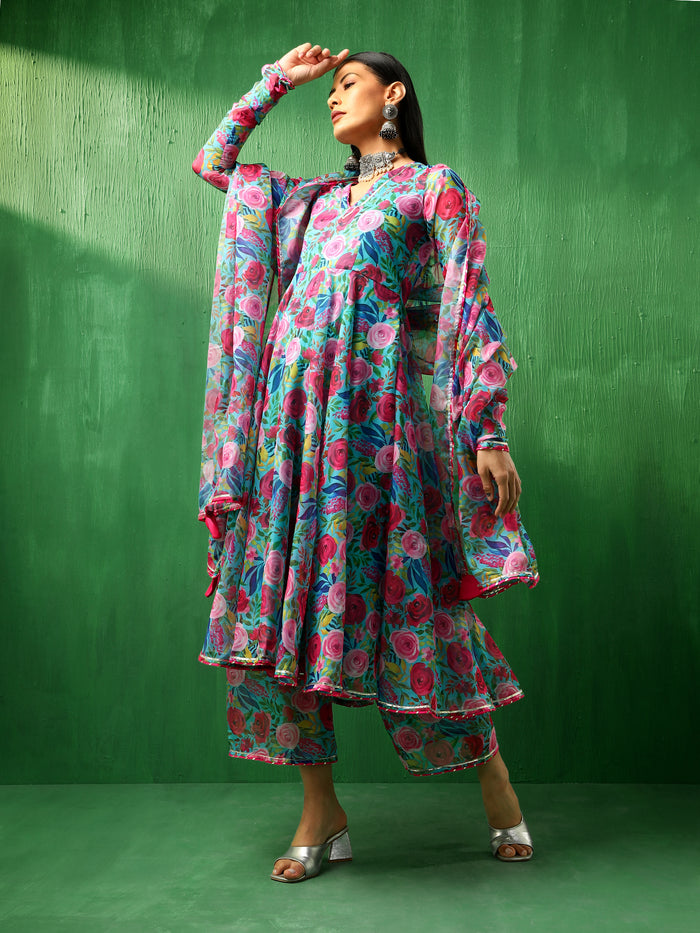 Turquoise Floral Printed Georgette Anarkali Set With Tiered Dupatta