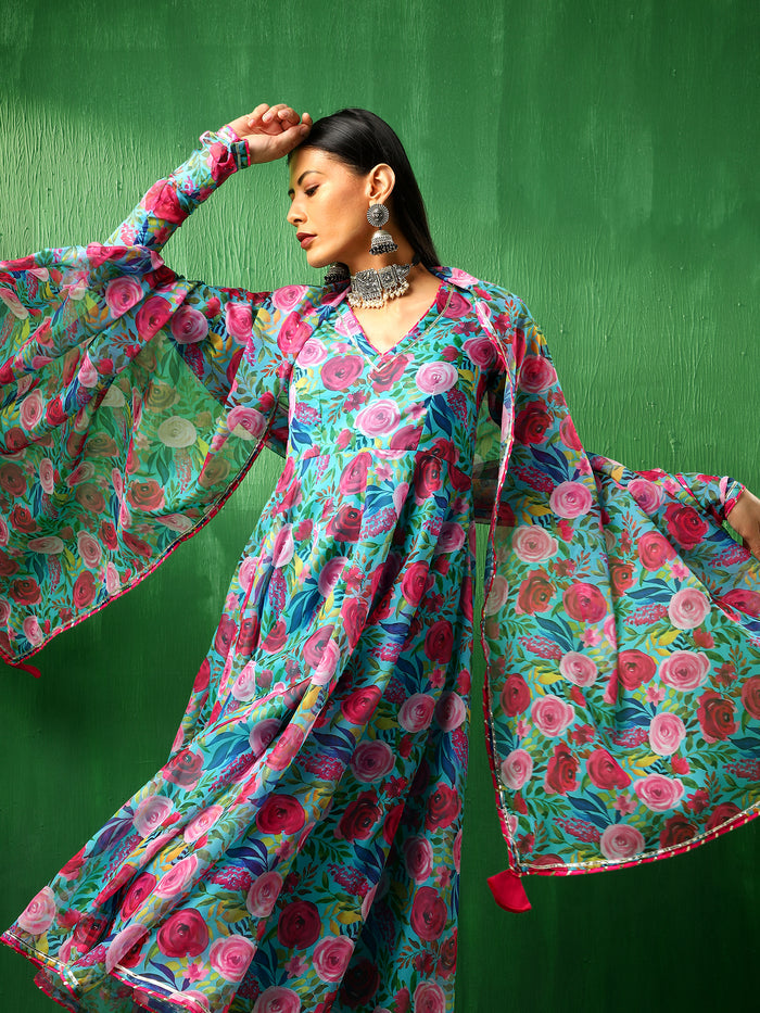 Turquoise Floral Printed Georgette Anarkali Set With Tiered Dupatta