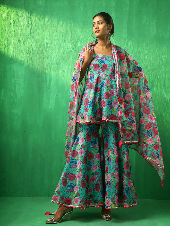 Turquoise Floral Printed Georgette Sharara Set