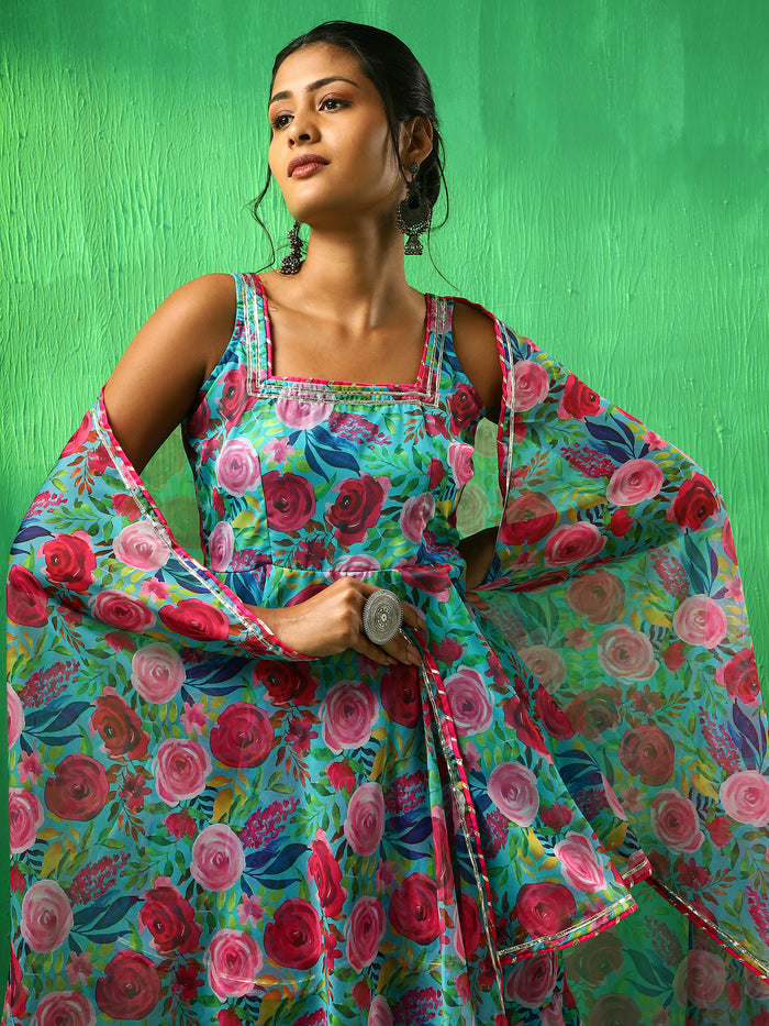 Turquoise Floral Printed Georgette Sharara Set