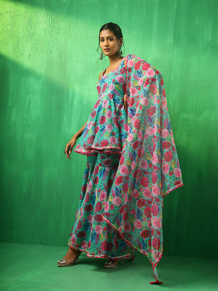 Turquoise Floral Printed Georgette Sharara Set