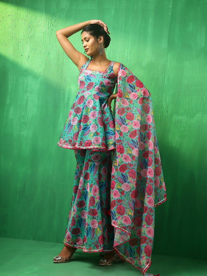 Turquoise Floral Printed Georgette Sharara Set