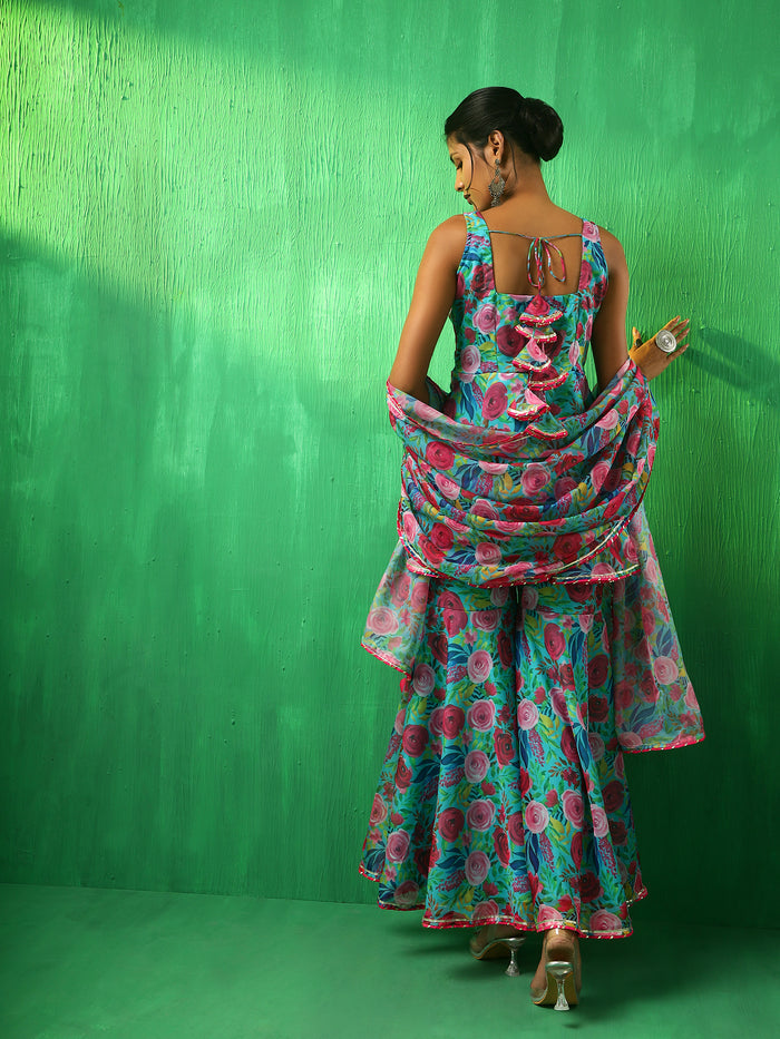 Turquoise Floral Printed Georgette Sharara Set
