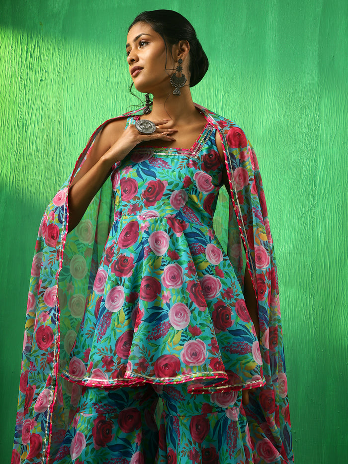 Turquoise Floral Printed Georgette Sharara Set