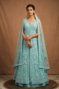 Turquoise Green Net Embroidered Anarkali Set
