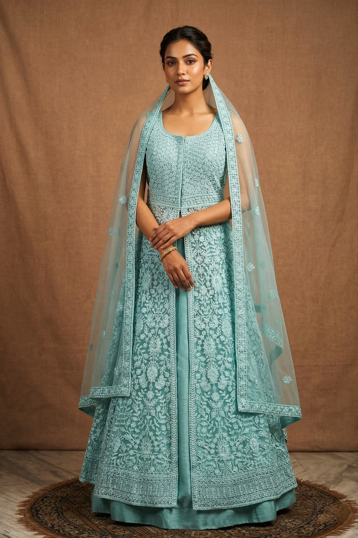 Turquoise Green Net Embroidered Anarkali Set