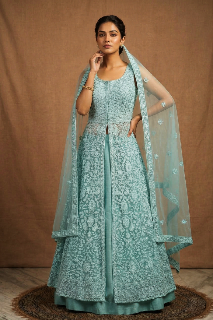 Turquoise Green Net Embroidered Anarkali Set