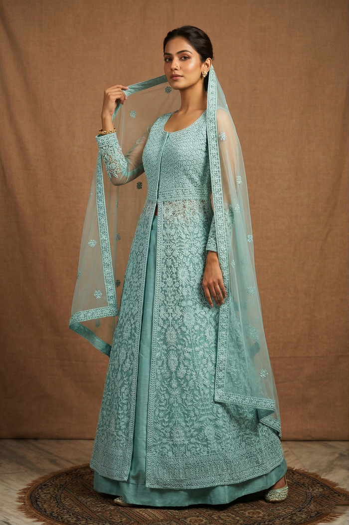 Turquoise Green Net Embroidered Anarkali Set