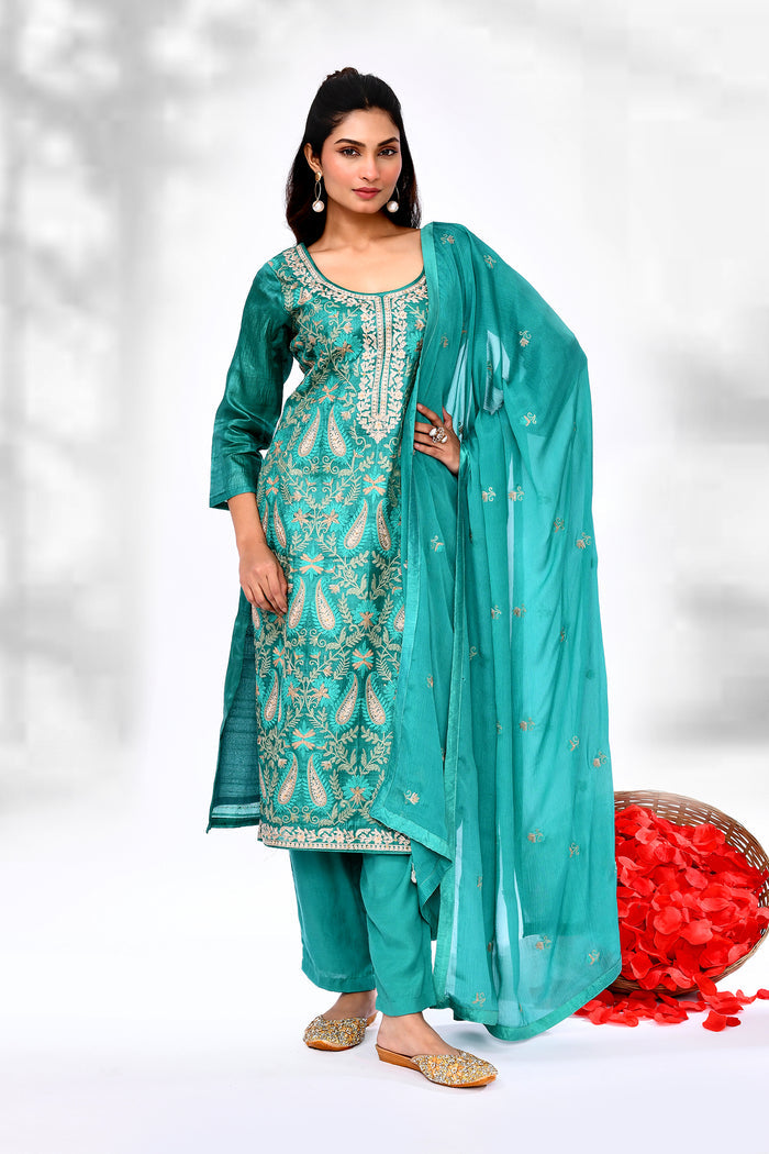 Turquoise Green Raw Silk Thread Work Kurta Set