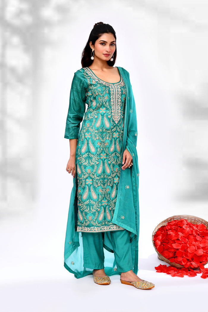 Turquoise Green Raw Silk Thread Work Kurta Set