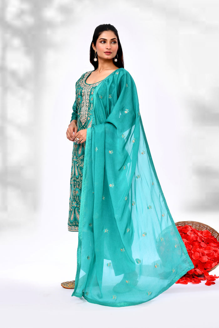 Turquoise Green Raw Silk Thread Work Kurta Set