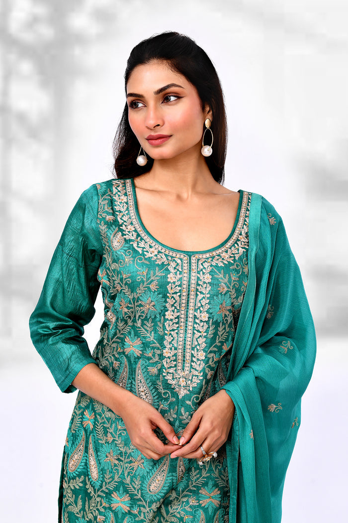 Turquoise Green Raw Silk Thread Work Kurta Set