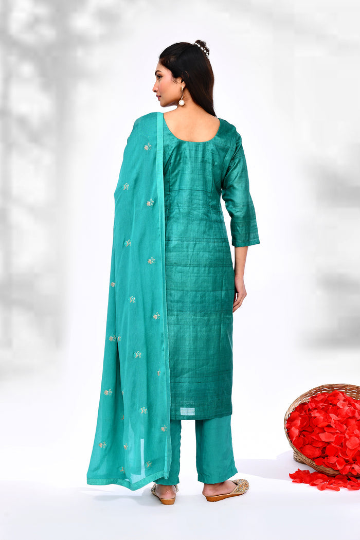 Turquoise Green Raw Silk Thread Work Kurta Set
