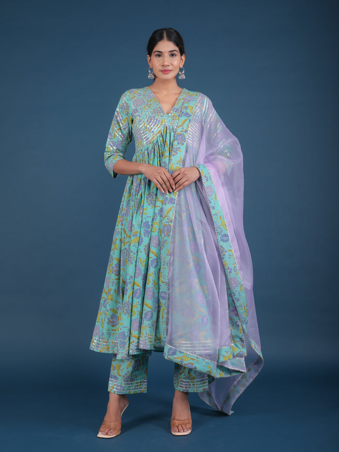 Turquoise Lavender Floral Print Anarkali Set