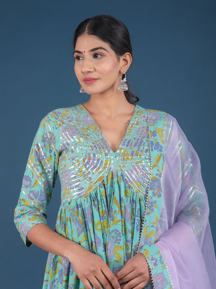 Turquoise Lavender Floral Print Anarkali Set