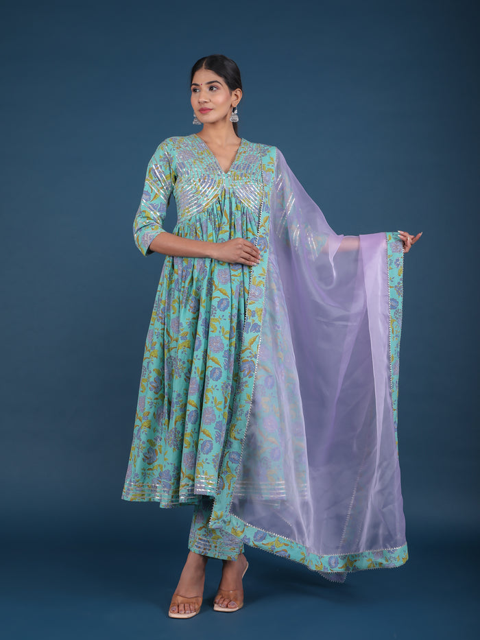 Turquoise Lavender Floral Print Anarkali Set