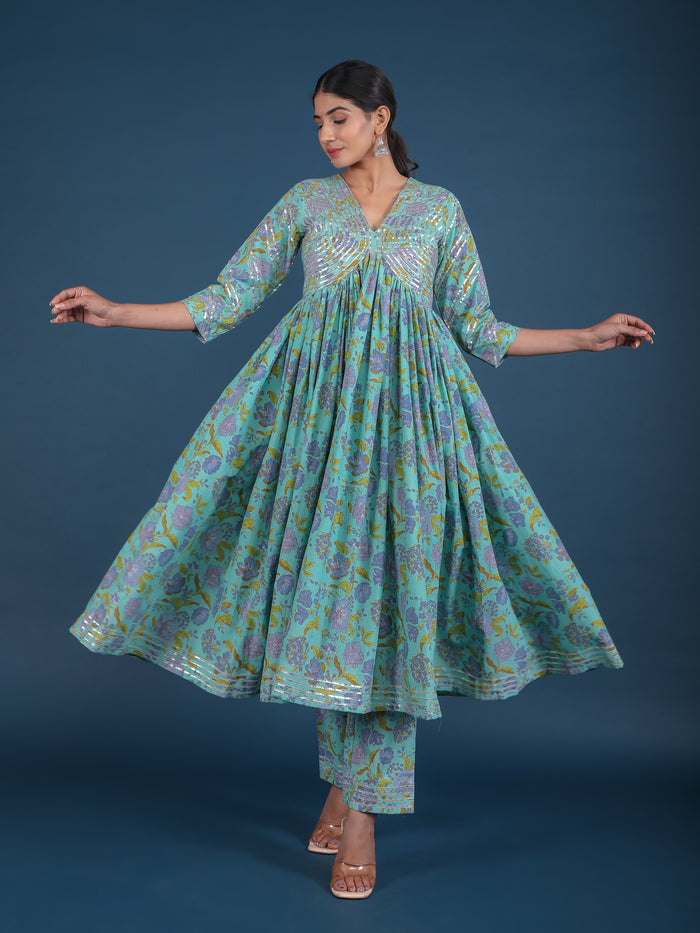 Turquoise Lavender Floral Print Anarkali Set