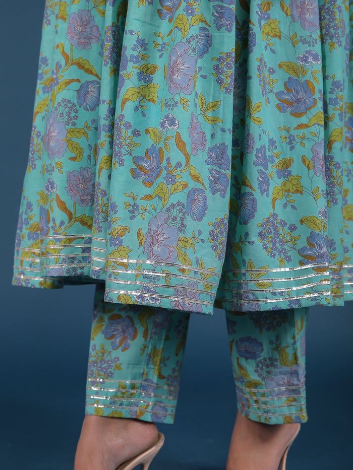 Turquoise Lavender Floral Print Anarkali Set