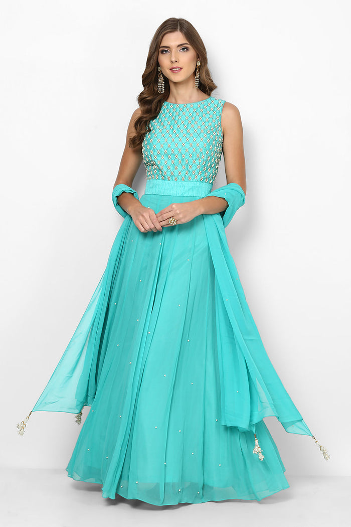 Turquoise Pearl Embellished Anarkali Set