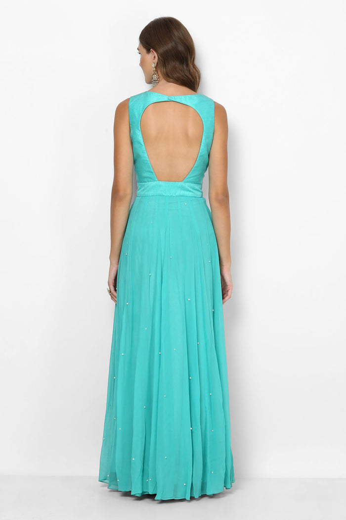 Turquoise Pearl Embellished Anarkali Set
