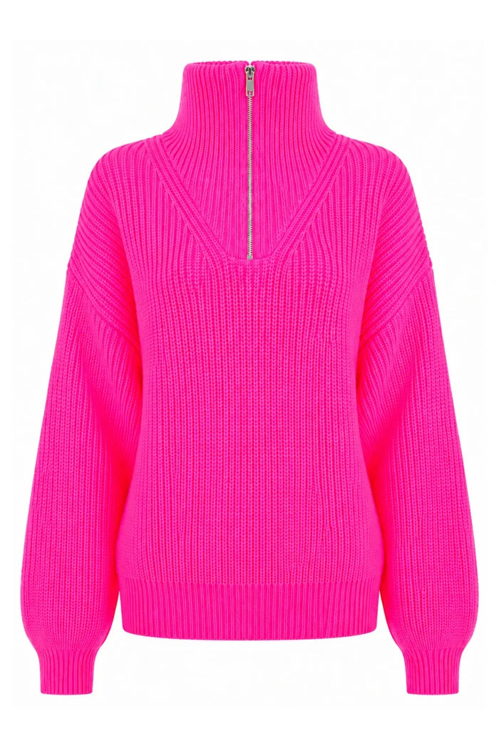 TWNS The Label Breckenridge neon pink trucker neck jumper with zip neckline and relaxed fit. Shop TWNS The Label at Dotique.