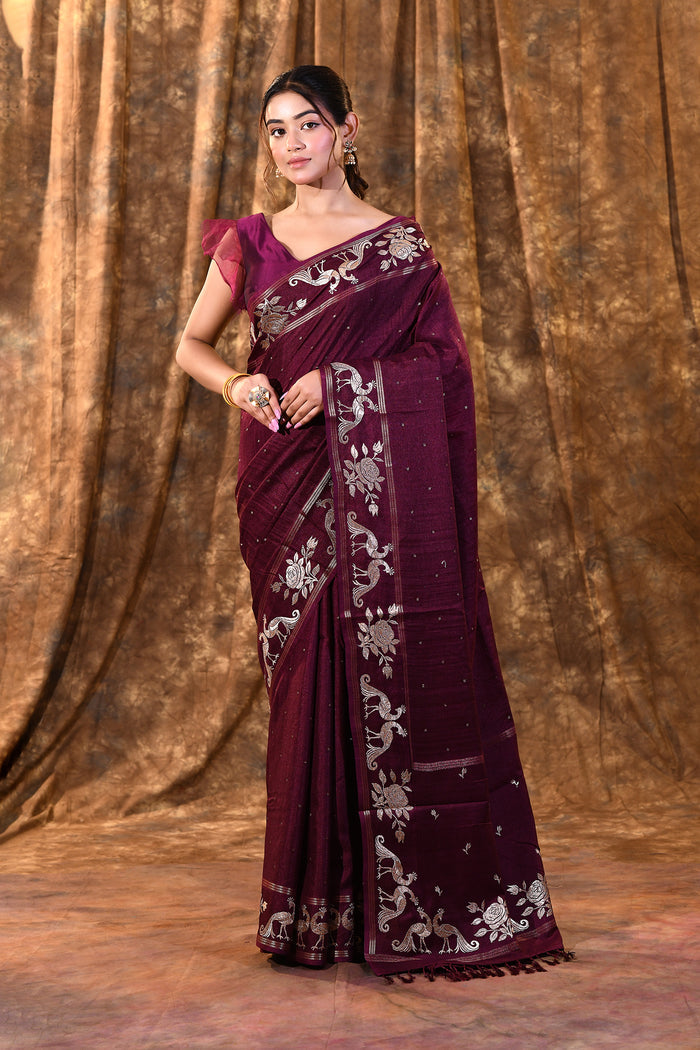 Tyrian Purple Tussar Embroidered Saree