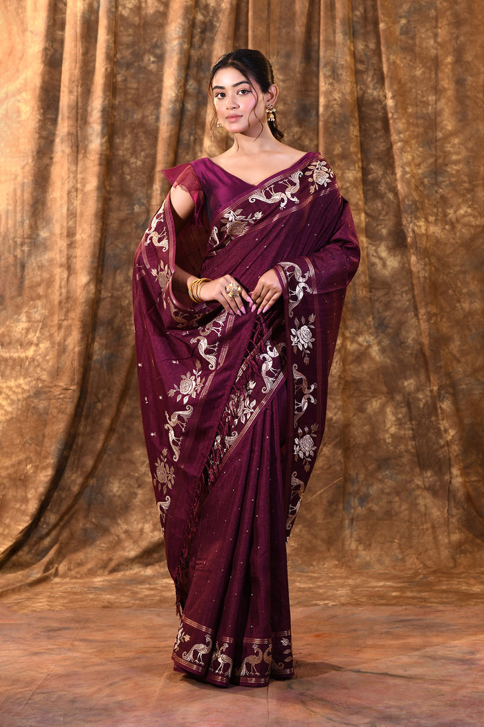 Tyrian Purple Tussar Embroidered Saree