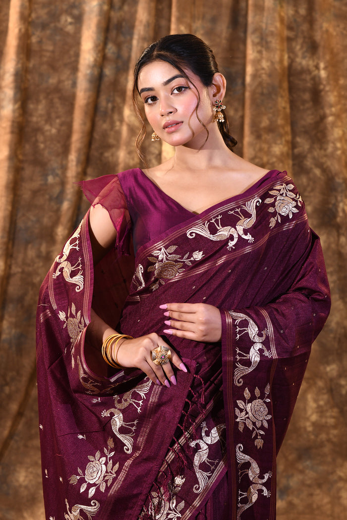 Tyrian Purple Tussar Embroidered Saree