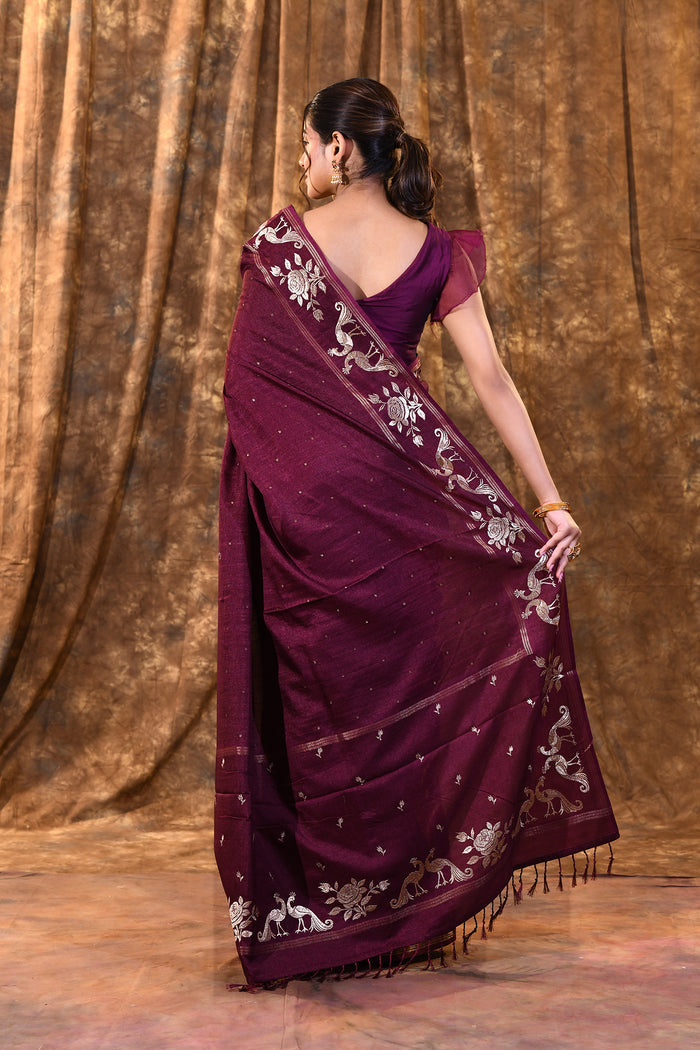 Tyrian Purple Tussar Embroidered Saree