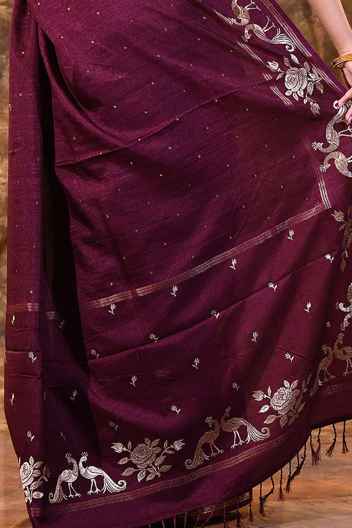 Tyrian Purple Tussar Embroidered Saree