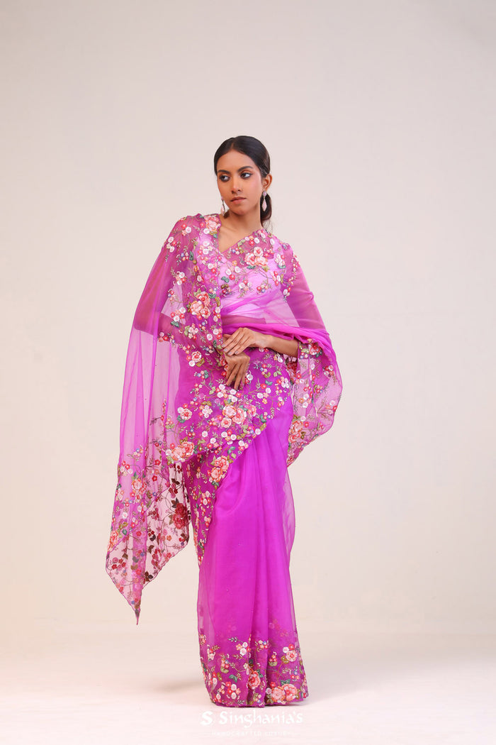 <img> Ultra Pink Organza Handcrafted Saree