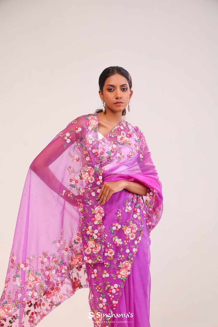 <img> Ultra Pink Organza Handcrafted Saree