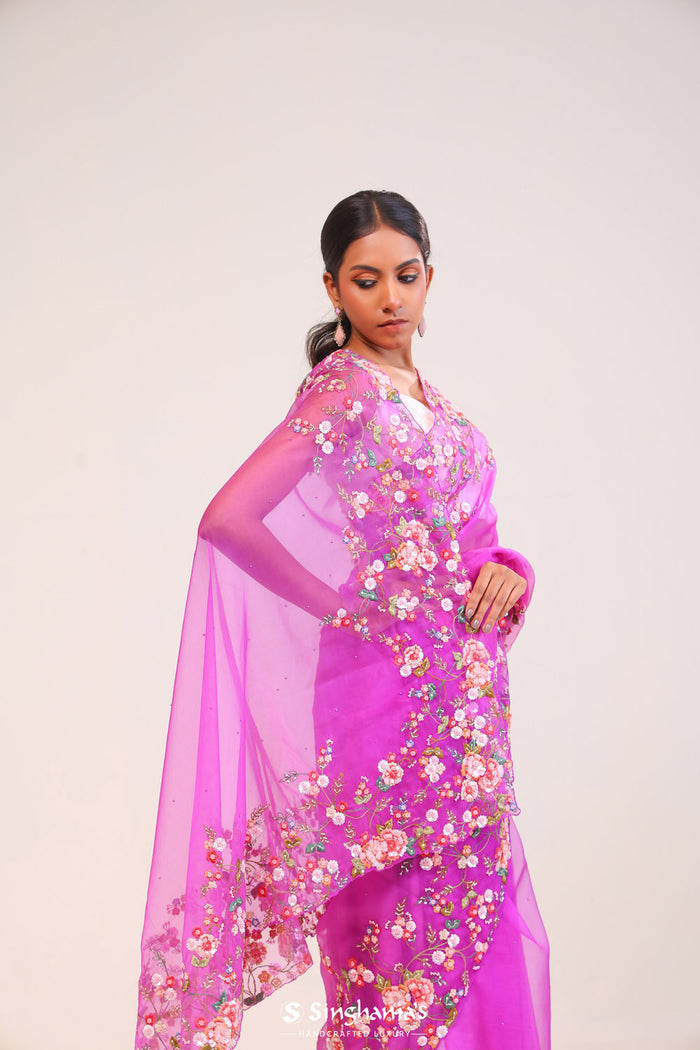 <img> Ultra Pink Organza Handcrafted Saree