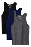 Three pack of men's undershirts tank tops in black, blue, and gray colors, made of rayon and spandex, displayed in a stacked arrangement.