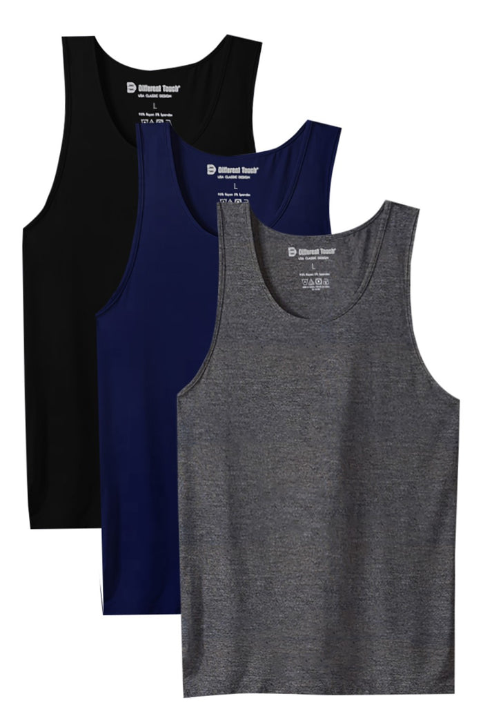 Three pack of men's undershirts tank tops in black, blue, and gray colors, made of rayon and spandex, displayed in a stacked arrangement.