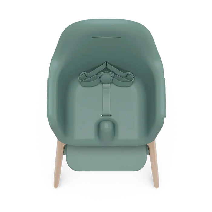 A high-angle studio shot of a stroller in a muted sage green color with light natural wood legs, set against a solid white background.