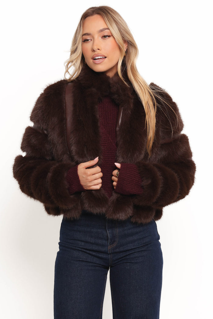 Petal and Pup USA OUTERWEAR Velma Channel Faux Fur Jacket - Chocolate