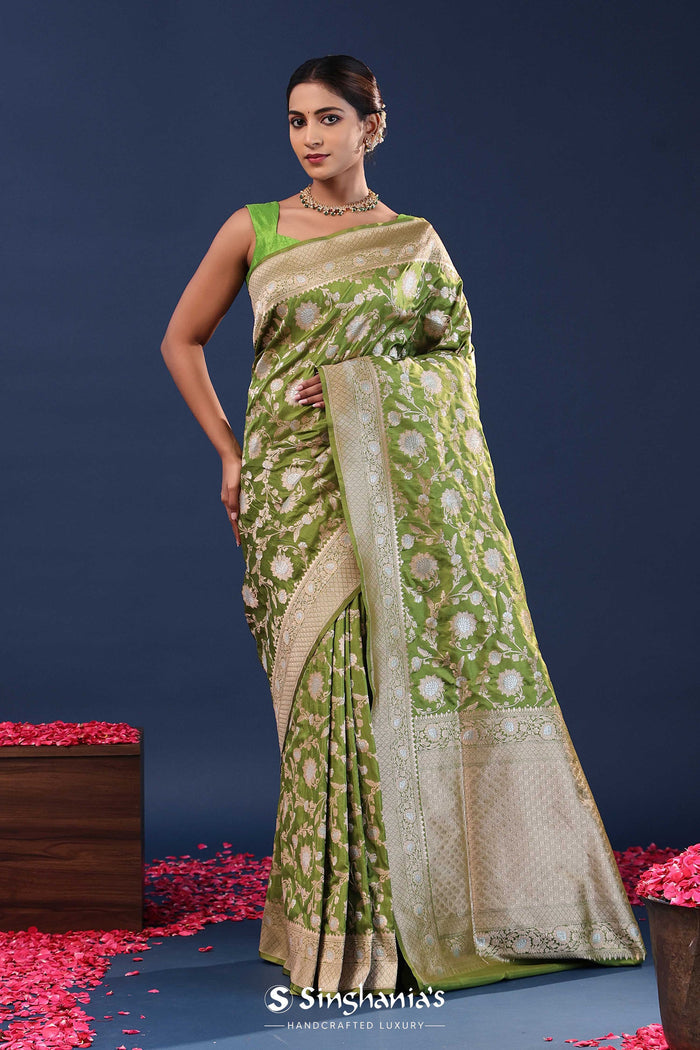 Verdun Green Banarasi Saree With Floral Jaal