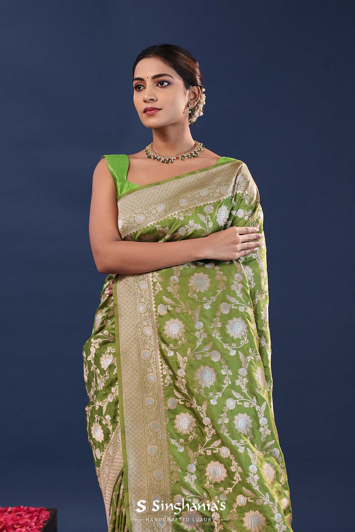 Verdun Green Banarasi Saree With Floral Jaal