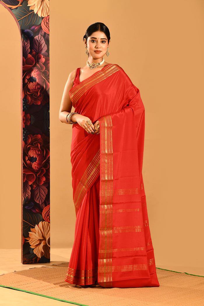 Vermilion Red Plain Saree With Highlighted Border In Banarasi Silk Saree