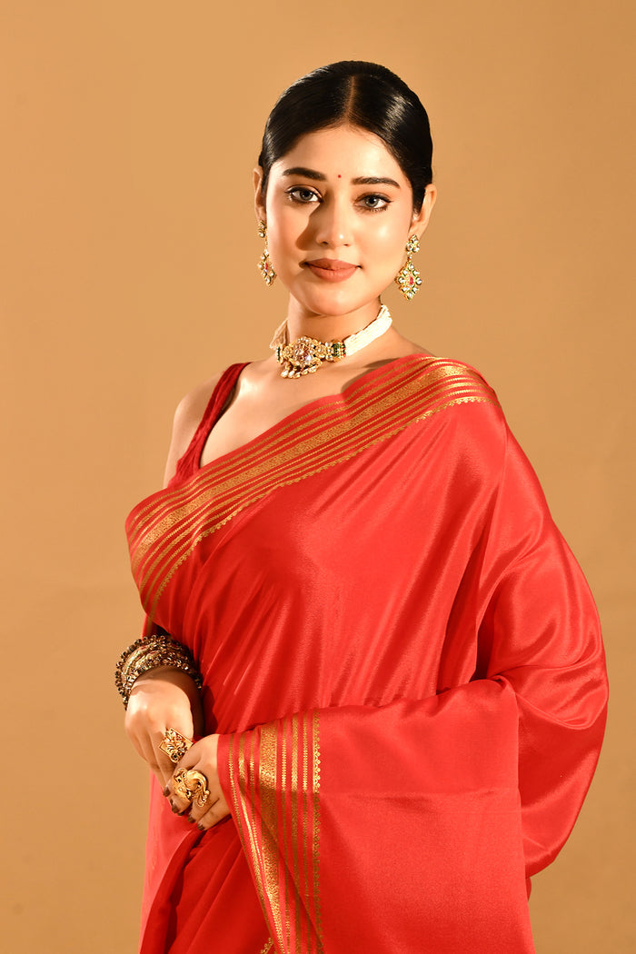 Vermilion Red Plain Saree With Highlighted Border In Banarasi Silk Saree