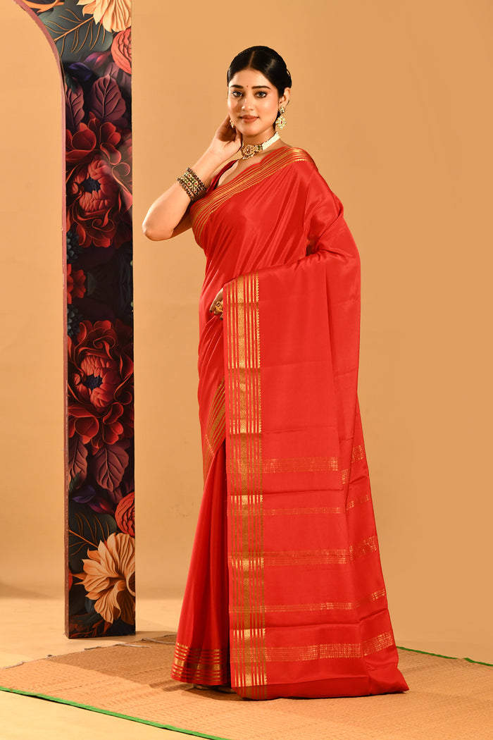 Vermilion Red Plain Saree With Highlighted Border In Banarasi Silk Saree