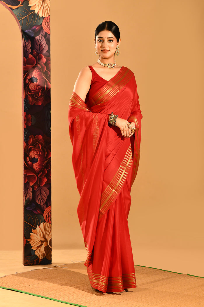 Vermilion Red Plain Saree With Highlighted Border In Banarasi Silk Saree
