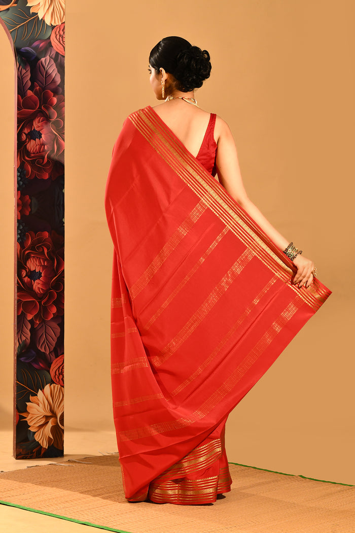 Vermilion Red Plain Saree With Highlighted Border In Banarasi Silk Saree