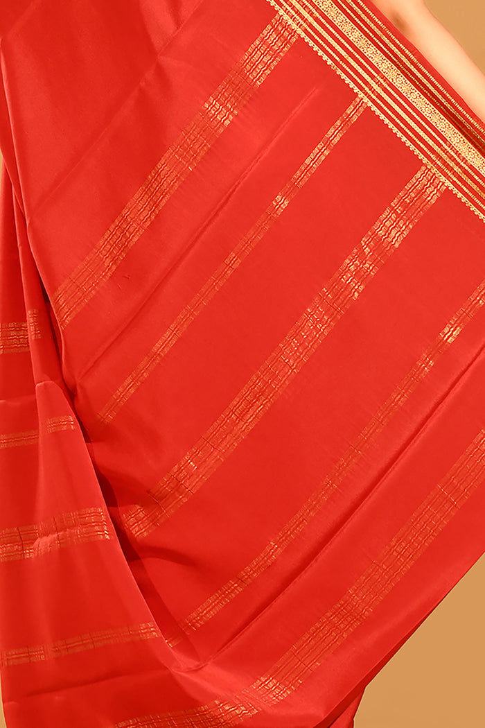 Vermilion Red Plain Saree With Highlighted Border In Banarasi Silk Saree