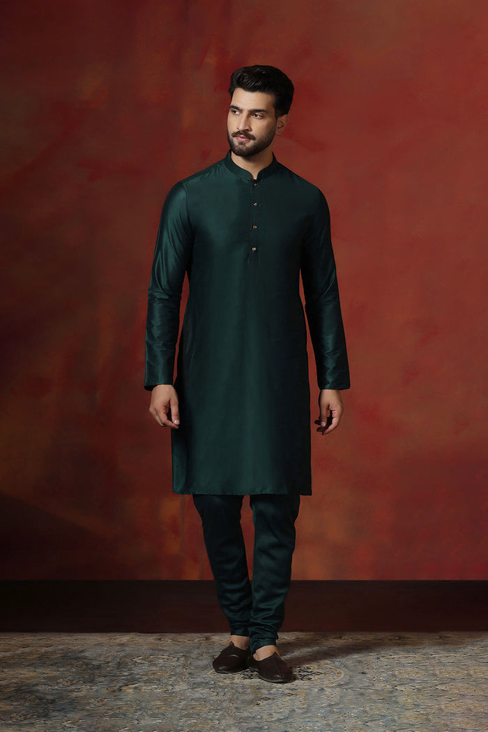 Very Dark Green Solid Dupion Kurta Set