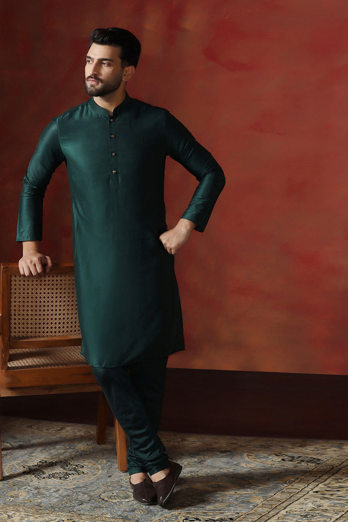 Very Dark Green Solid Dupion Kurta Set