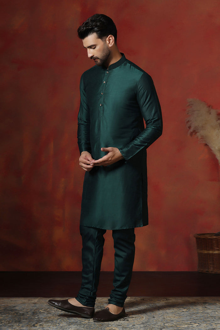 Very Dark Green Solid Dupion Kurta Set