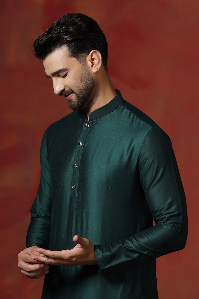 Very Dark Green Solid Dupion Kurta Set